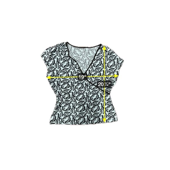 Womens Wrap Style Short Sleeve Top  Black Fan Pattern Light Blue Fabric Size L - Picture 7 of 8